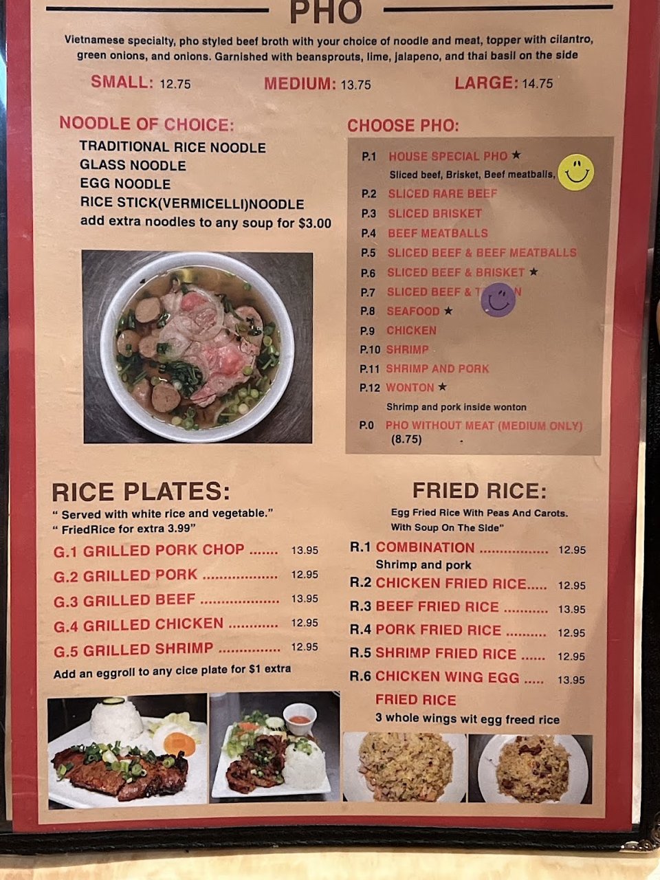 Menu page with pho, banh mi, and drinks.