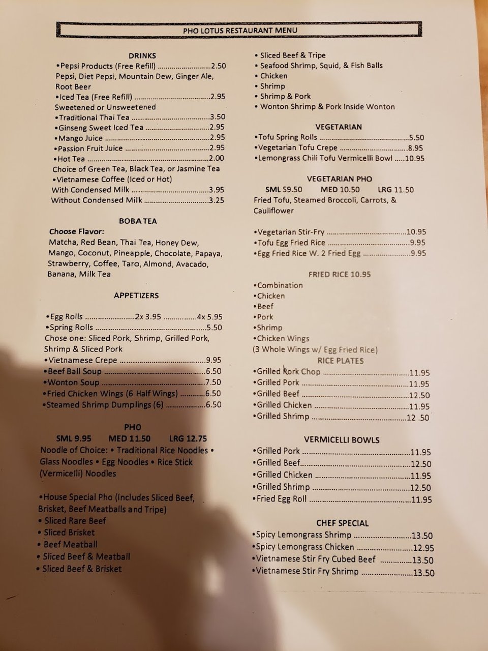 Printed menu for Vietnamese dishes and bubble tea.